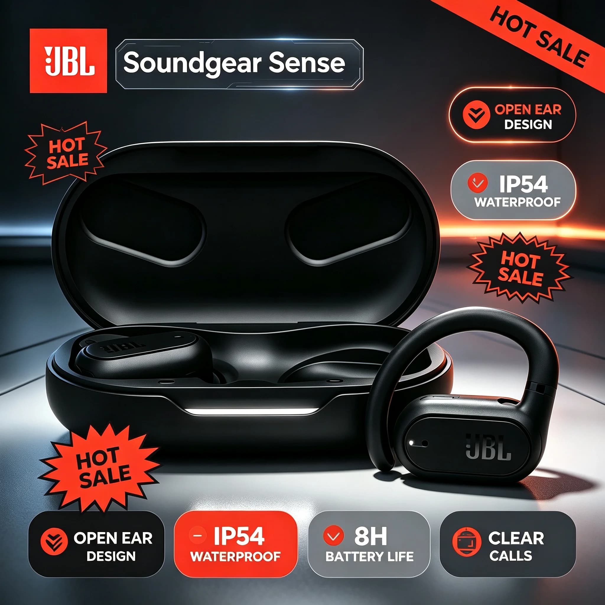 JBL Soundgear Sense Open‑Ear Bluetooth Earbuds Detachable Neckband Touch Control IP54 for Workout Fitness Daily Travel Use