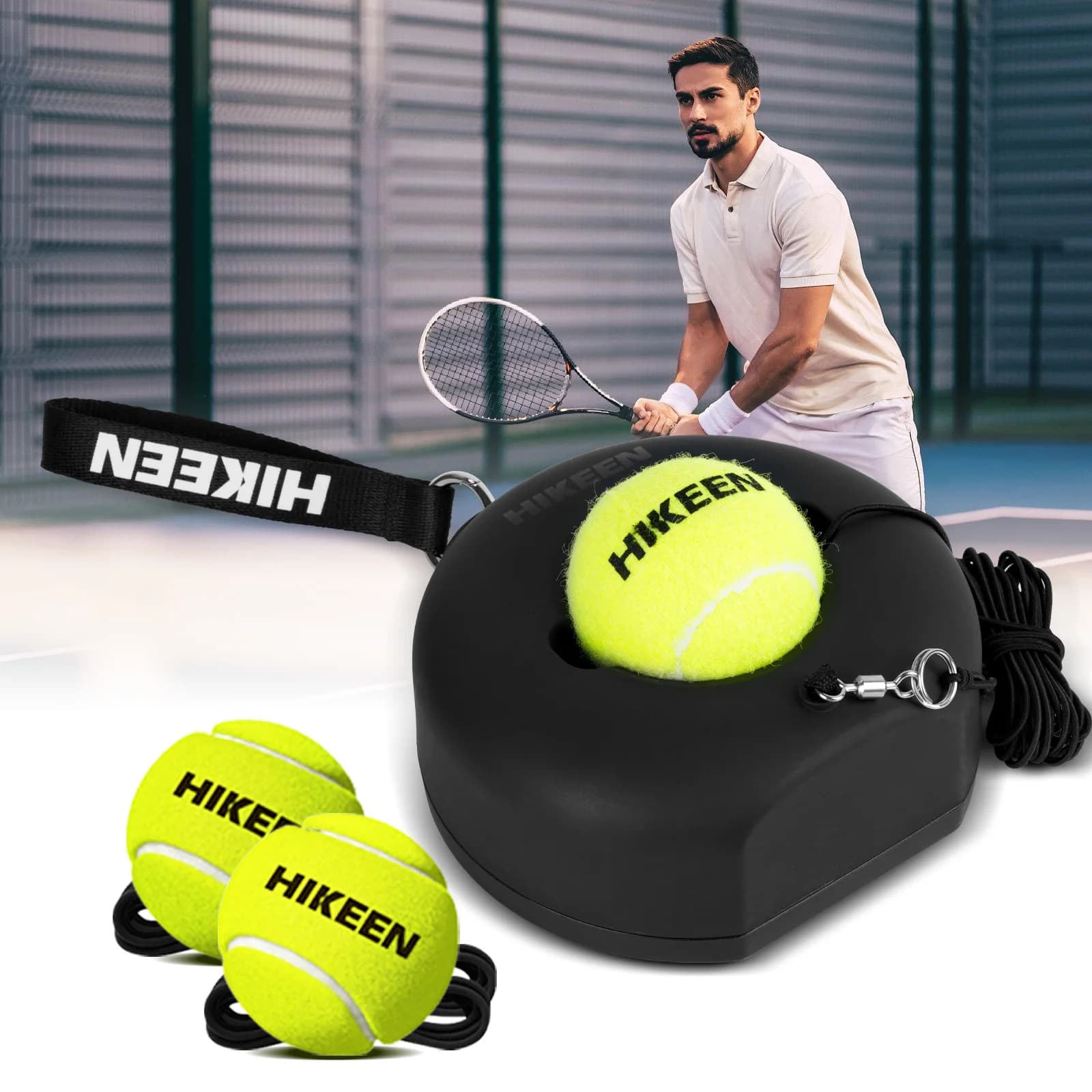 Hikeen Premium Tennis Trainer Rebound con base in metallo, set portatile per allenatore di tennis solitario con 3 palline per corde altamente elastiche