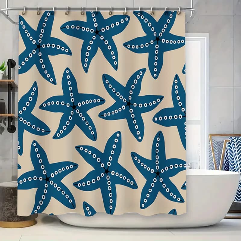 Elegant set of shower curtains with blue star pattern for bathroom decorations, modern linen accessories for home water repellent in beige and