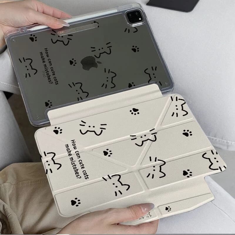 Korean Kawaii Sketched Cat Y2K Y-Fold Cover For iPad Pro 13 11th M5 M4 12.9 A16 10 8 7 9th 10th Air 11 M2 M3 Mini Tablet Case