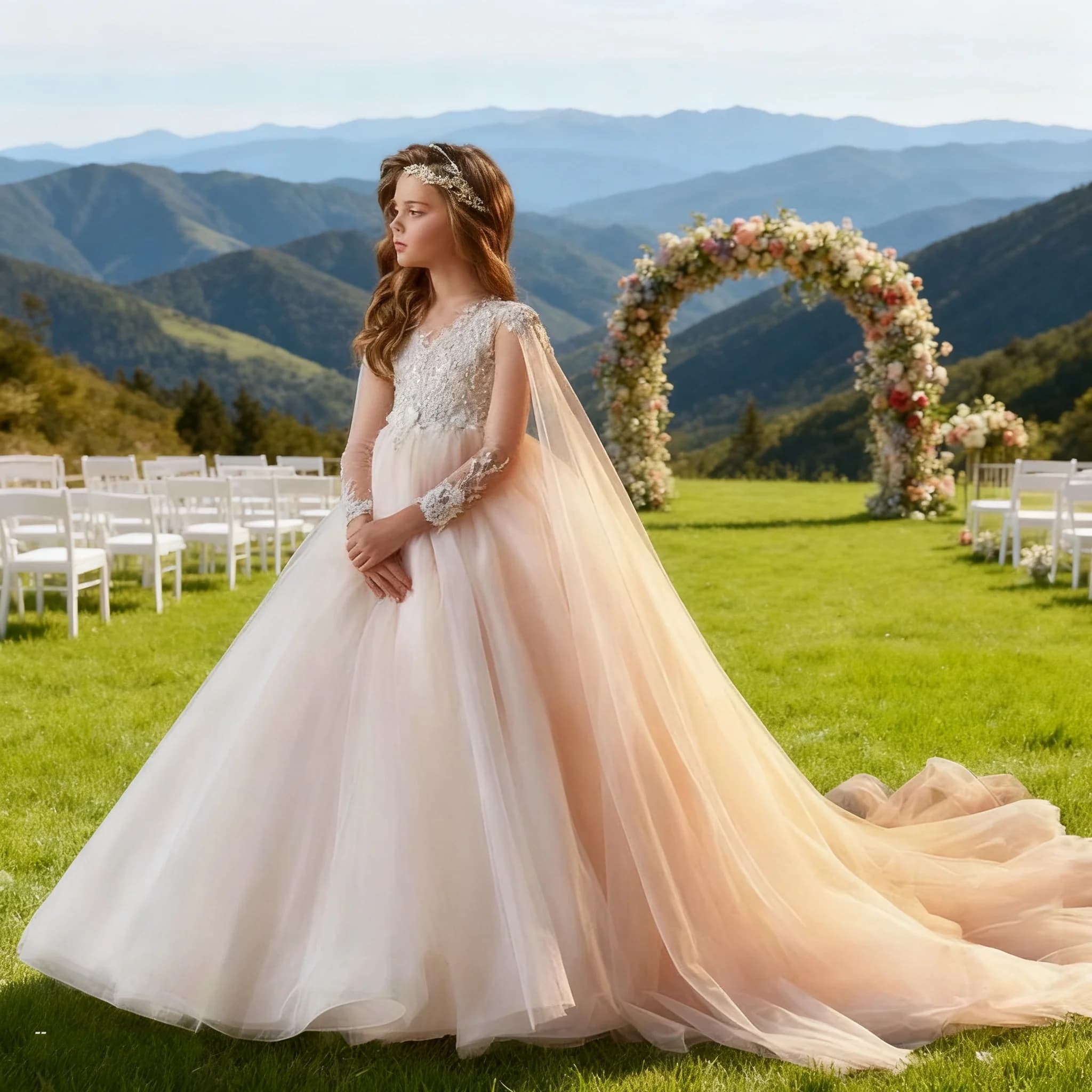 Elegante abito da ragazza di fiore bianco Abito da prima comunione Abito da principessa con stampa in pizzo per matrimonio, festa di compleanno per bambini