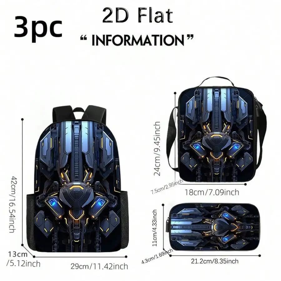 Set di 3 Zaini Cyberpunk 2D Piatti Unisex Leggeri in Poliestere per Scuola e Viaggio con Chiusura a Cerniera