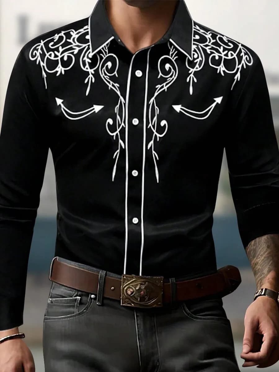 Camicia da uomo nera a maniche lunghe in stile western con frecce floreali bianche ricamate
