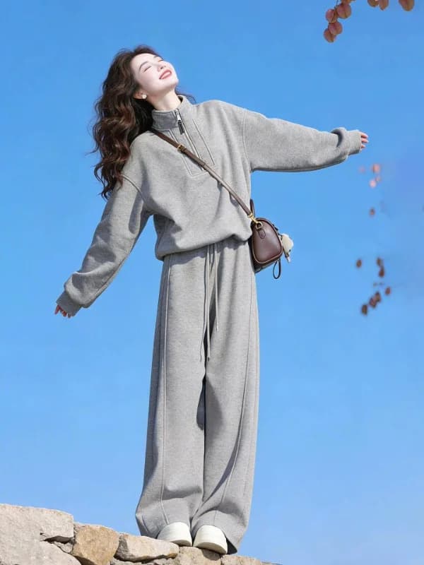 Grey Casual Sportswear Set Women's Loose Slimming Korean Style Sweatshirt Wide Leg Pants Two Piece Set Fashionable Anti Aging