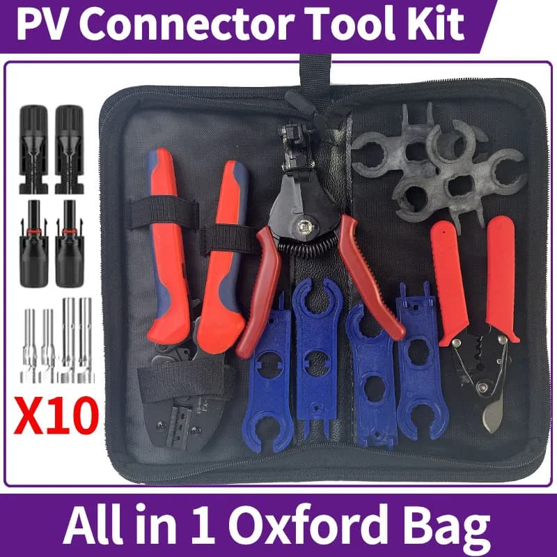 Kit di strumenti per crimpare cavi fotovoltaici per pannelli solari per AWG14-10 2,5/4/6 mm2 con spelafili, taglierina, chiave solare e connettori solari