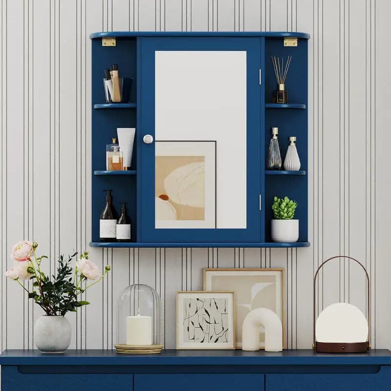Armadietto a Specchio da Bagno a Parete con Ripiani Portaoggetti - Blu