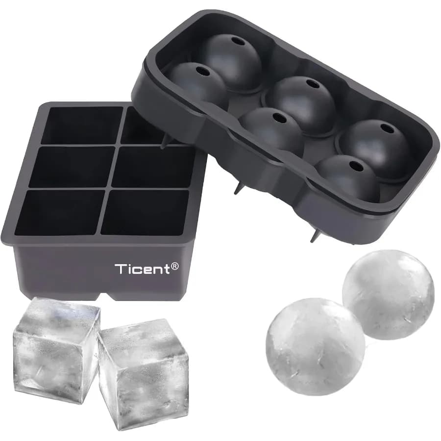 Vassoi per cubetti di ghiaccio Set di 2 palline di ghiaccio per whisky con sfera in silicone con coperchi e grandi stampi quadrati per cubetti di ghiaccio per cocktail e Bour