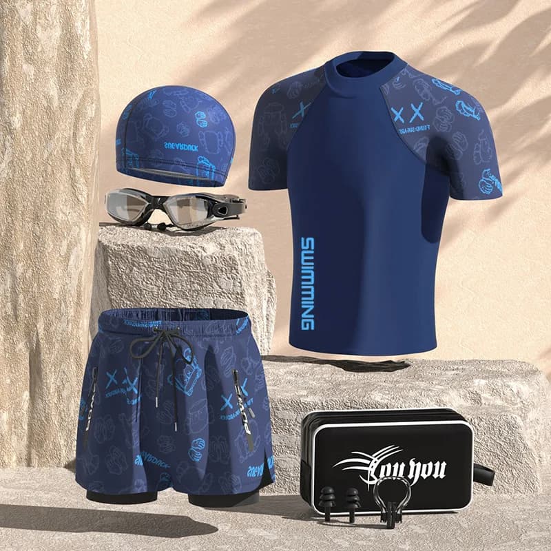 Uomini sport acquatici professionali camicie da bagno Competitive + tronchi occhiali berretto ad asciugatura rapida Beach surf pantaloncini da bagno occhiali cappello