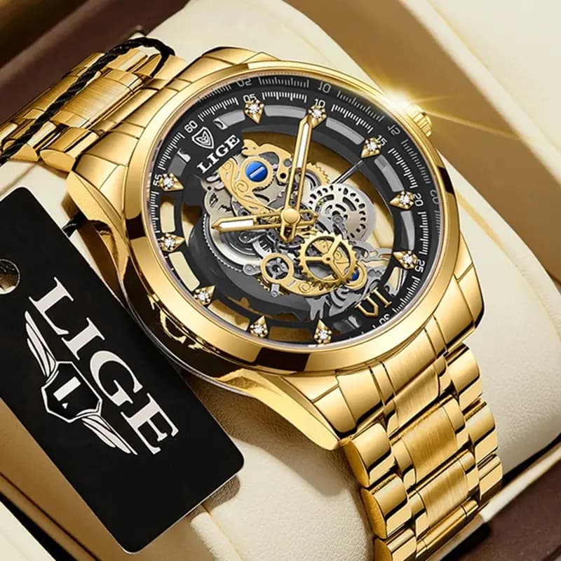 LIGE New Men's Screen Watch From Polso Al Quarzo Golden skeleton Retro Watch Men's Top Brand Luxury Men's Watch Reloj Hombre Watches
