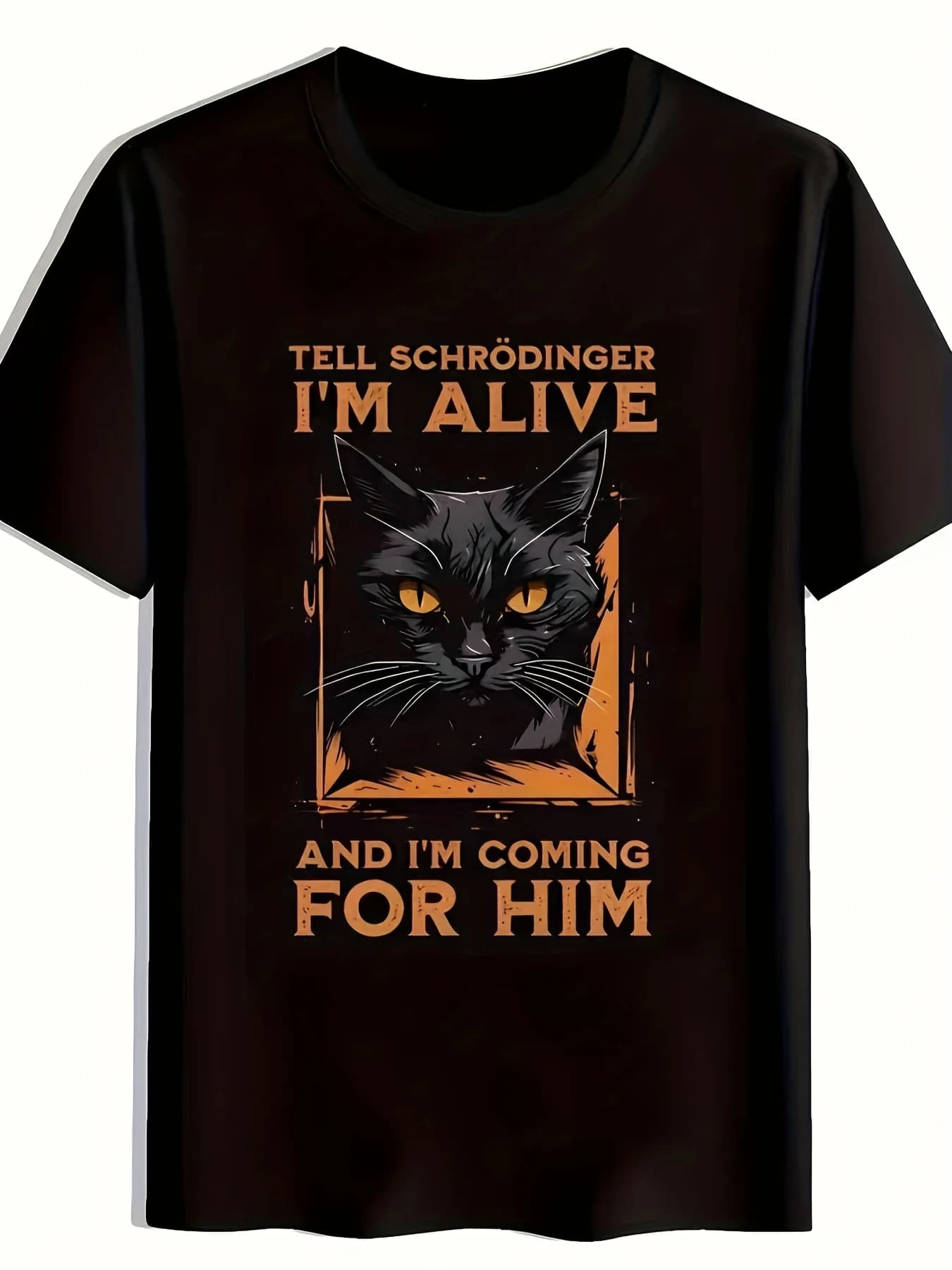 Funny Men's Black Graphic T-Shirt Cat Face Orange Eyes Window Frame Bold Letter Print 100% Cotton Heavyweight Short Sleeve Casual Streetwear Tee