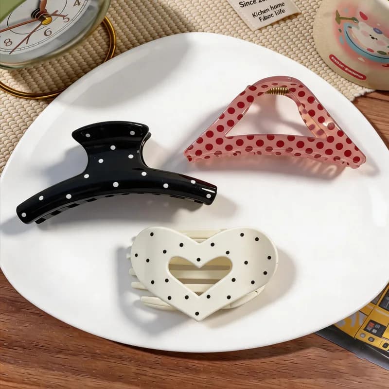 Sweet Pink Polka Dot Geometric Heart Shape Shark Hair Claw Clip Ponytail Hair Accessory for Women Perfect for Wedding & Vacation