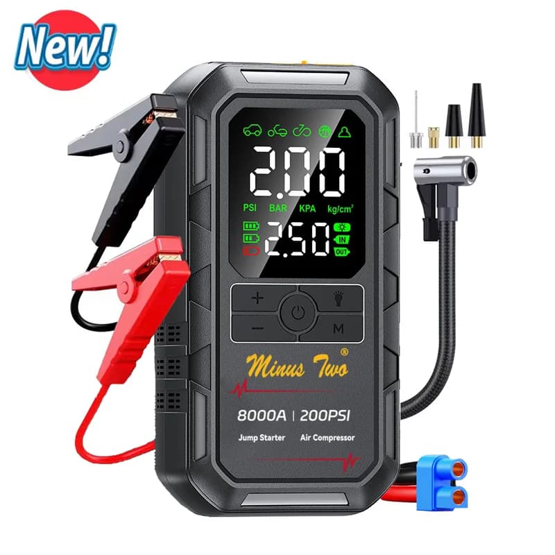 Avviatore di Emergenza per Auto 8000A 200PSI con Compressore d'Aria, Gonfiatore Pneumatici, Ampio Display LCD, Luce LED, per Auto, Bici e Moto