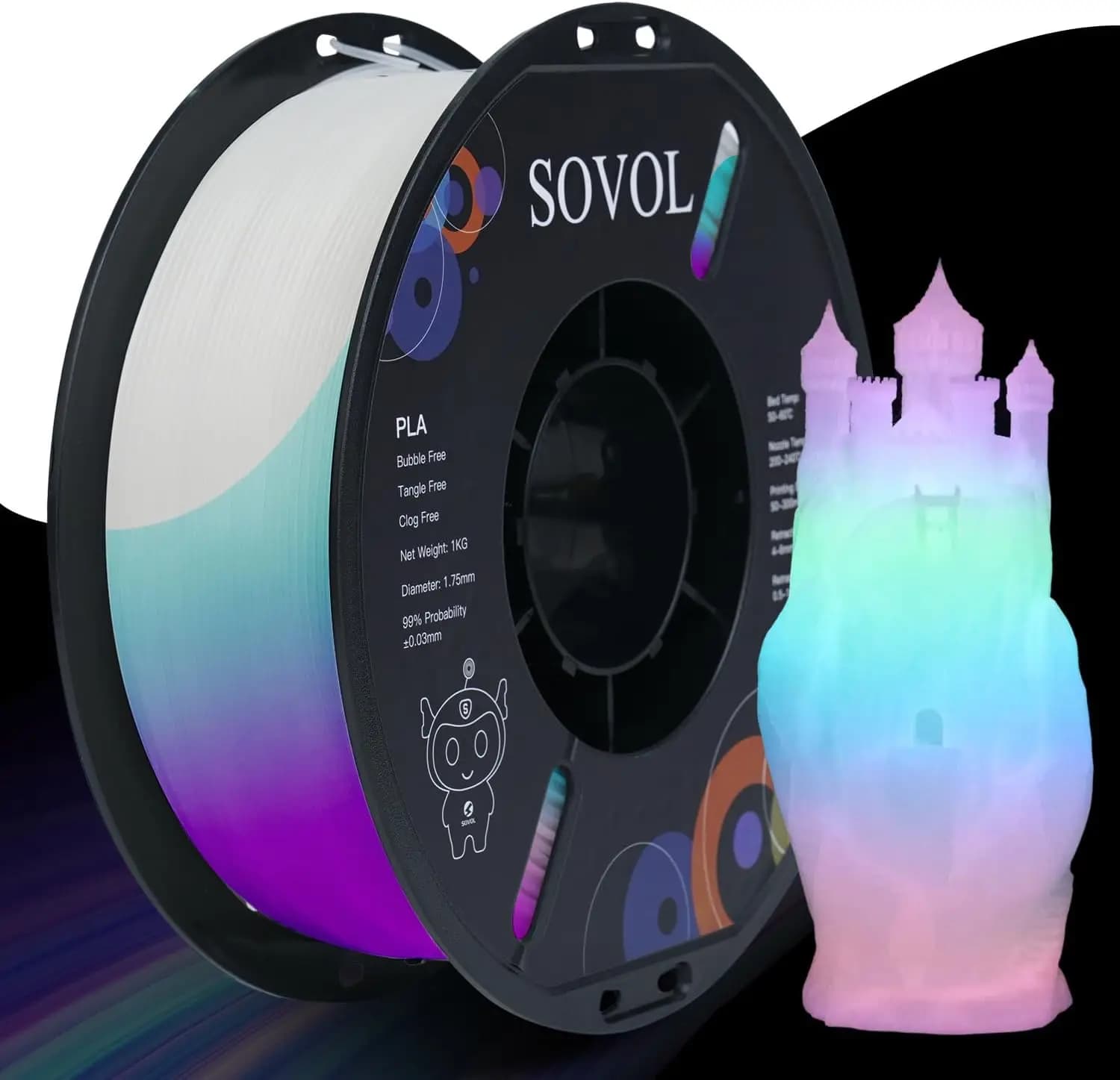 Glow in the Dark PLA Filament 1.75mm, Multicolor Gradient, 1kg Spool, Dimensional Accuracy +/- 0.03mm