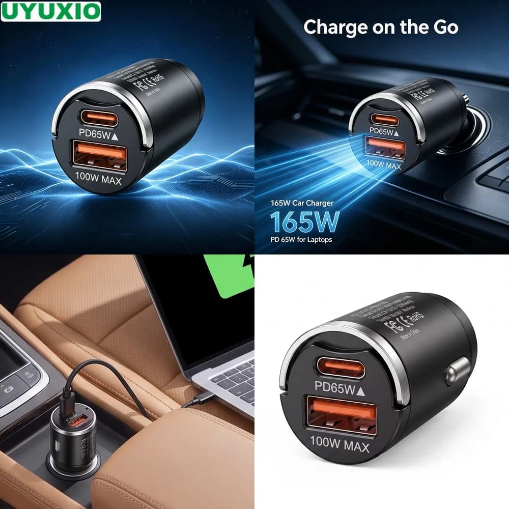 165W Dual Output Car Charger PD 65W Type C and 100W USB A Power Durable Zinc Alloy Mini Body for Phones Tablets and Laptops