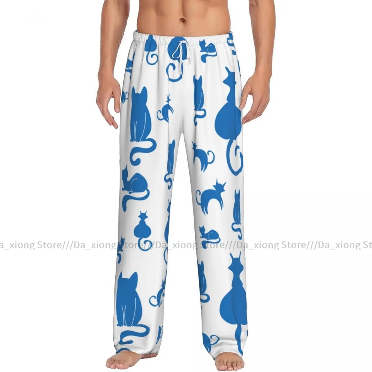 Mens Casual Pajama Long Pant Loose Elastic Waistband Blue Cats Cozy Sleepwear Home Lounge Pants