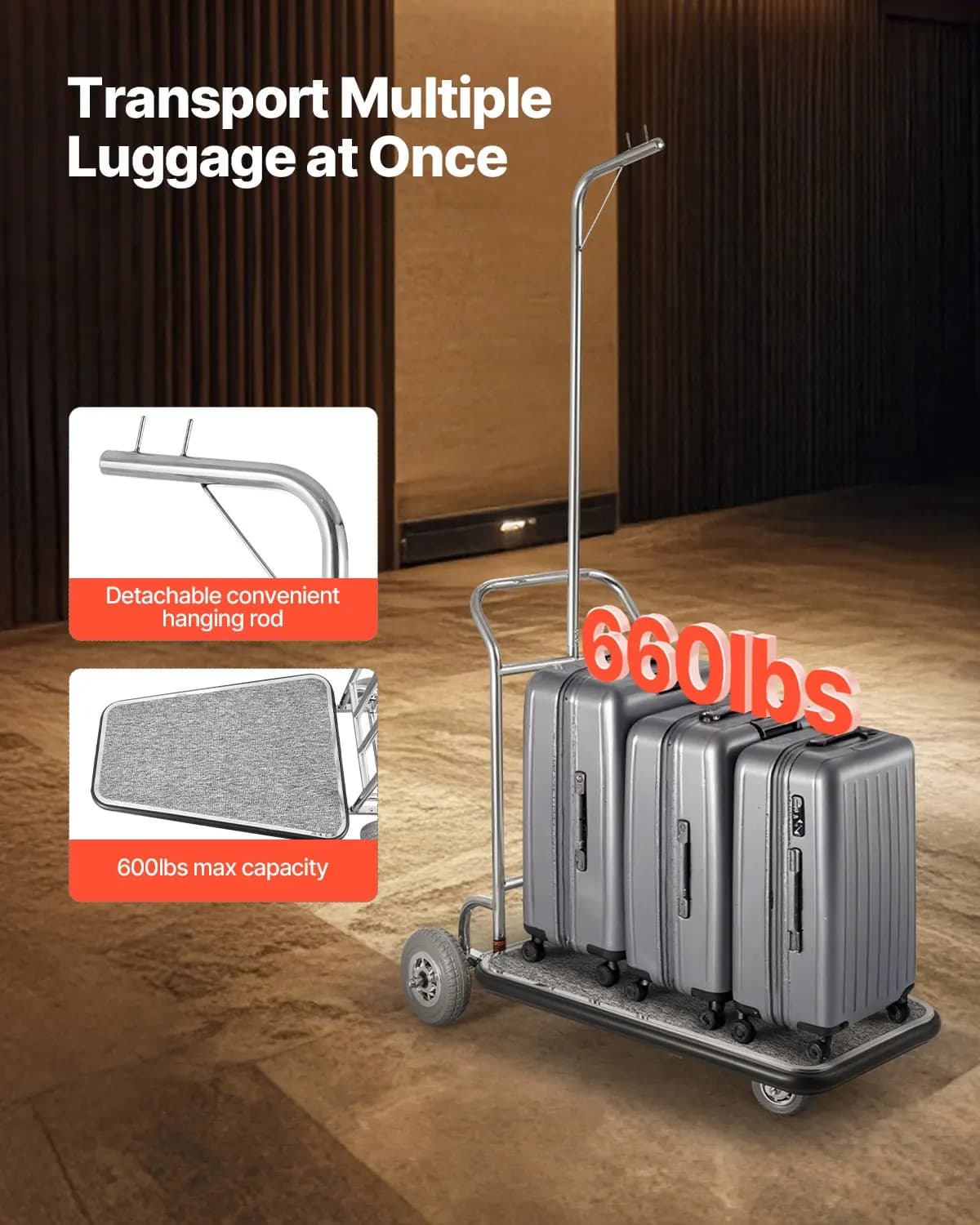 Carrello Portabagagli 600 LBS a 3 Ruote con Finitura in Acciaio Inossidabile, Carrello da Cameriere