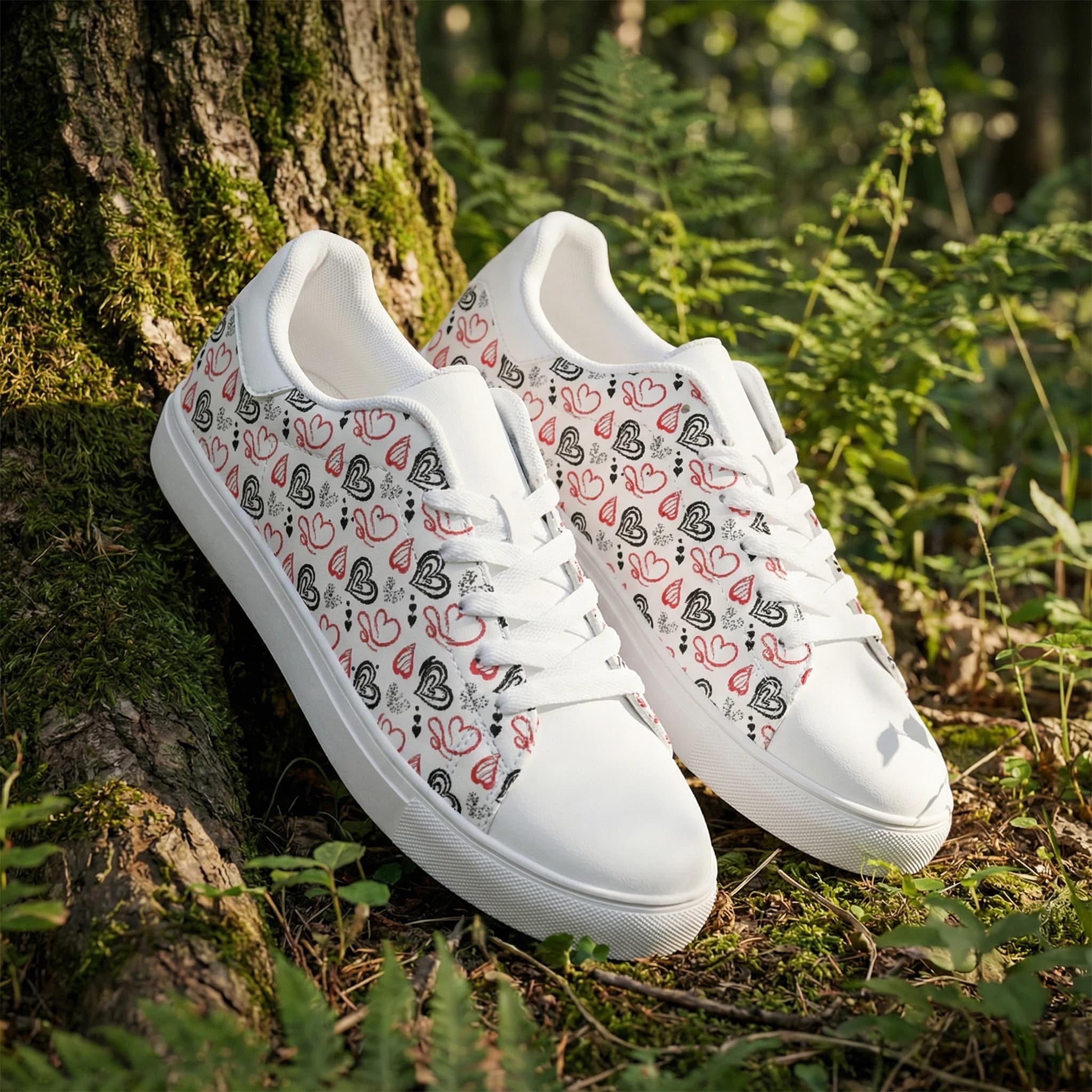 Le scarpe casual sportive bianche con una stampa floreale a forma di cuore con un tema di coppia, combinano l'eleganza, il comfort e lo stile.
