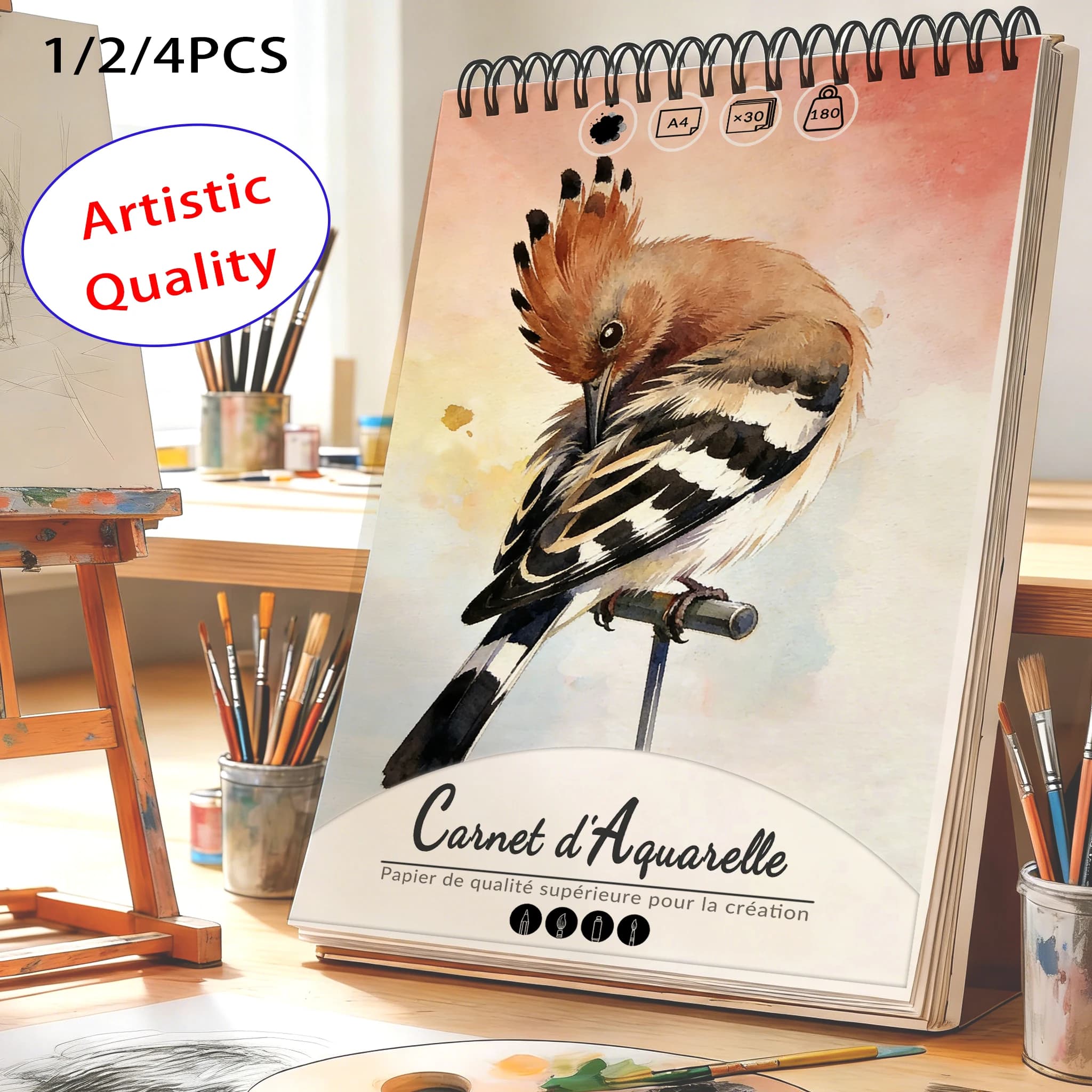 A4 Spiral Bound Watercolor Sketchbook, 180gsm Acid-Free Cold Press Art Paper Pad, 30 Sheets Perforated Watercolor Notebook