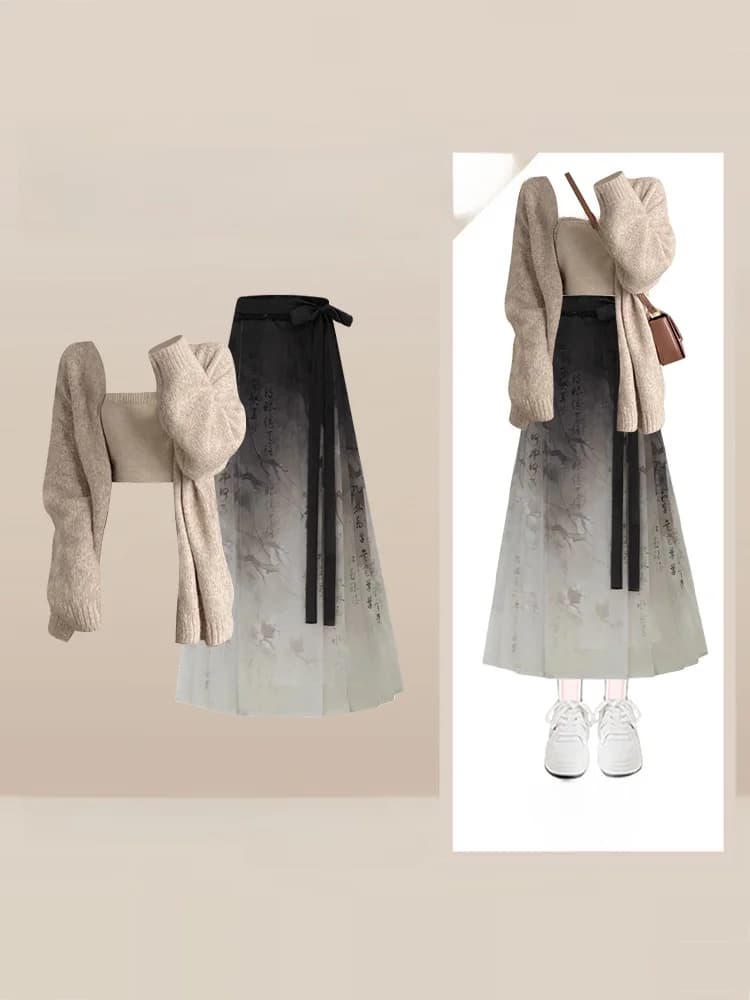 Nuovo Set Tre Pezzi Donna Autunno Inverno: Cardigan Aperto Lavorato a Maglia con Cintura, Gilet e Gonna a Coda di Rondine Effetto Snellente