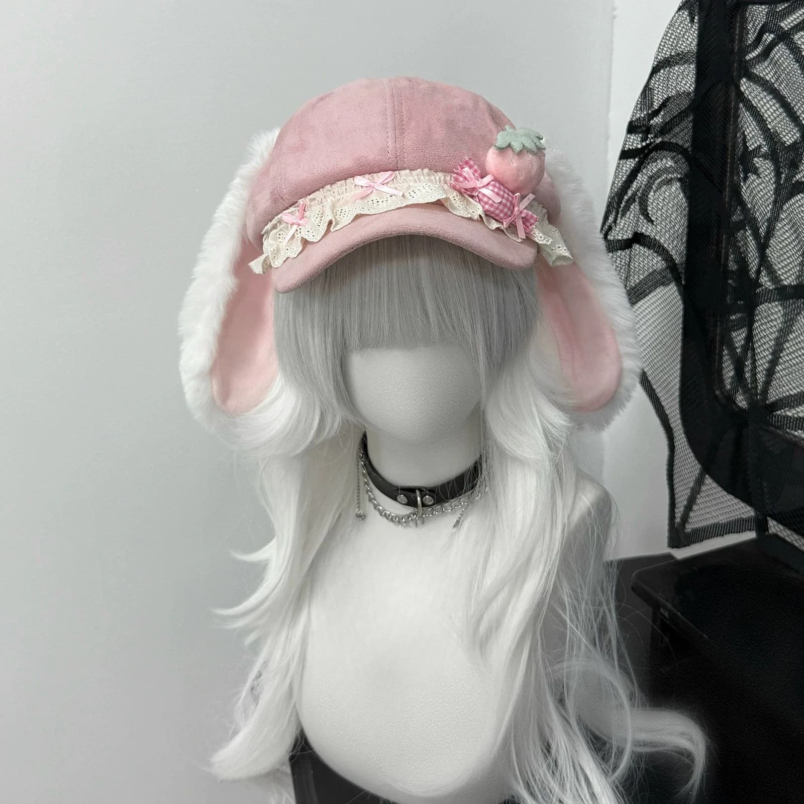 Y2k Subculture Girl Beret Lace Rabbit Ear Caps Gothic Black Color Kawaii Autumn Winter Strawberry Decorations Hat Keep Warm Cap