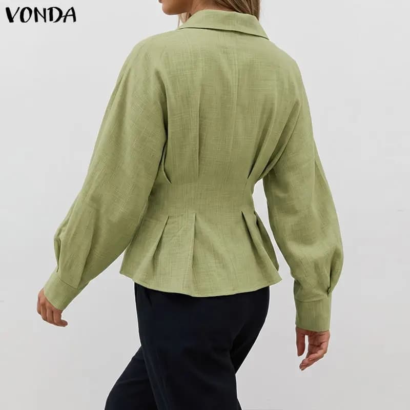 VONDA Plus Size Women Shirts Elegant Office Work Blusas V Neck Blouse Long Lantern Sleeve Waist Tops Solid Color Tunics