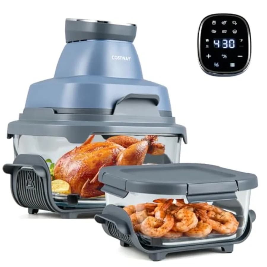 Friggitrice ad Aria Portatile 6-in-1 in Vetro Borosilicato per Uso Domestico, Blu Navy, Doppio Contenitore da 4.2QT e 1.8QT con Coperchi, 95% Meno Olio