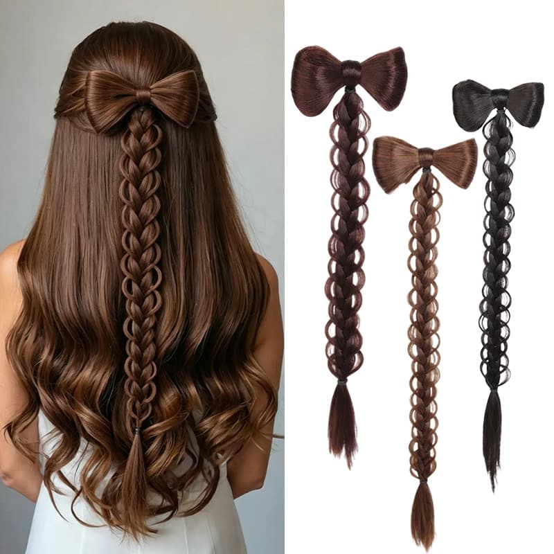 Bow Lattice Braided Ponytail Hairpiece, Synthetic Fiber, Trendy Half-Up Look for Office & Event, Effortless Clip, Chic & Lush