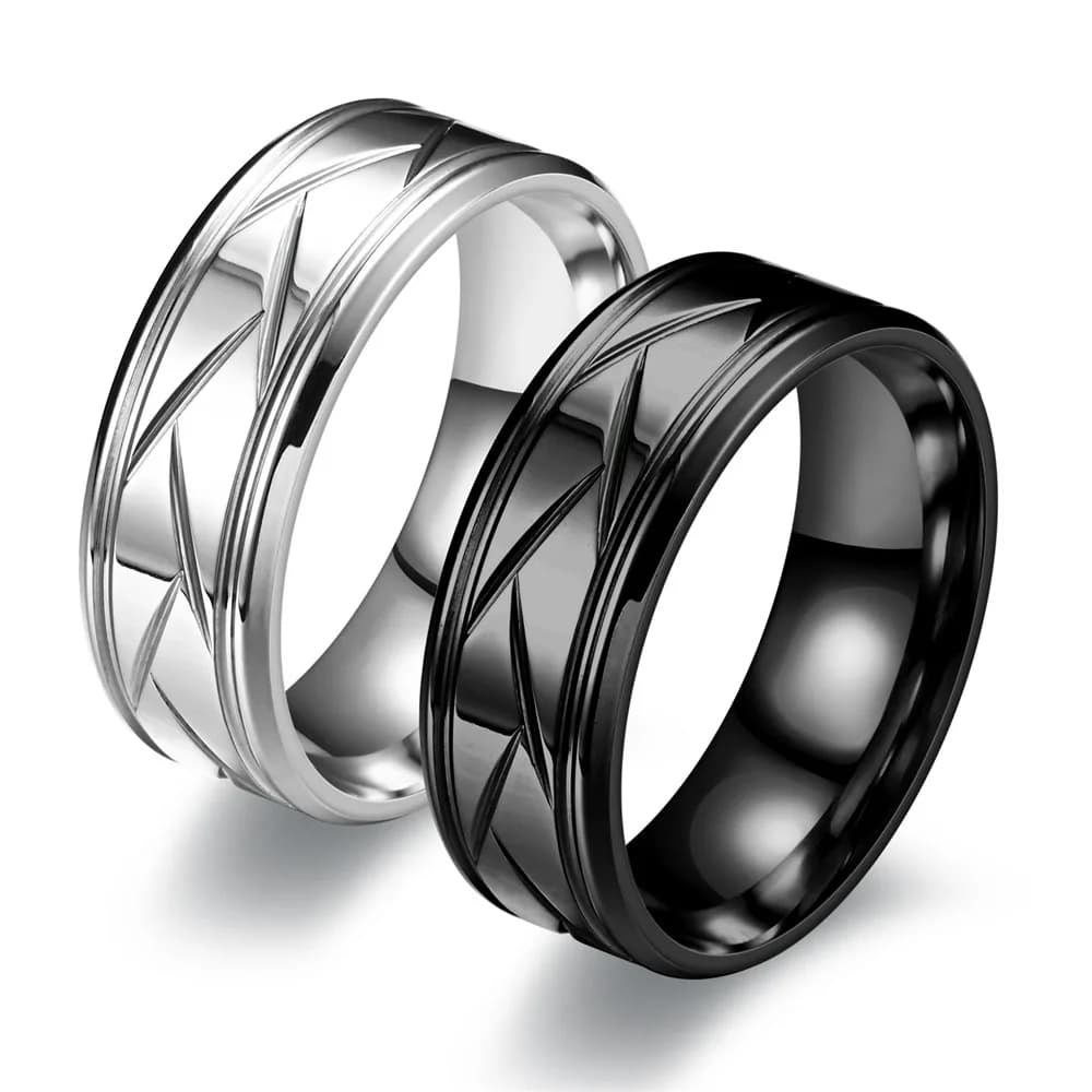 Anello multisfaccettato con scanalatura in acciaio inossidabile nero color argento da uomo alla moda per uomo e donna, anello di fidanzamento, regali di anniversario