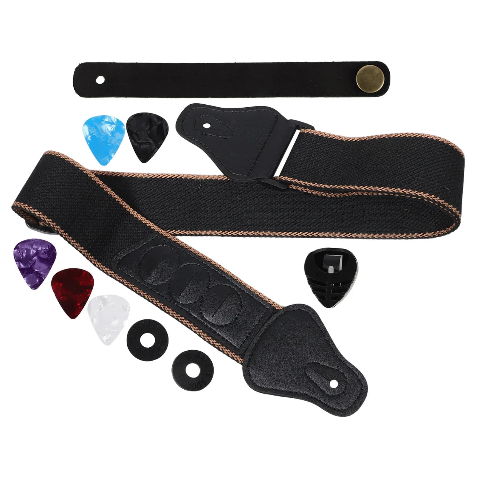 1Set Guitar Strap Kit Adjustable Padded Black Strap Quick Release Locks Picks for Acoustic Electric Guitar Beginner Adult