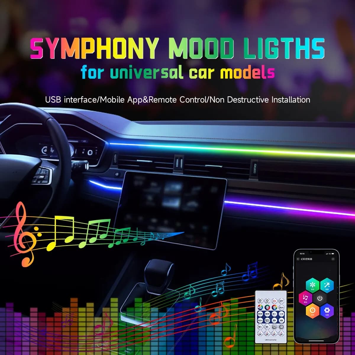 Luce ambientale a LED per auto USB 64 colori Strisce acriliche 110 cm Colori completi RGB Interni auto App nascosta Lampada per atmosfera con telecomando