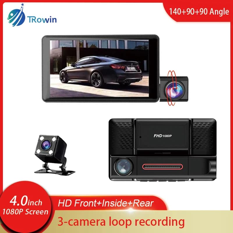 4 Inch Ips 3 Lens Dvr for Car Dash Cam HD 1080P Front Inside View Back Video Recorder Logging in Loop Vehicle Box Black Accessories