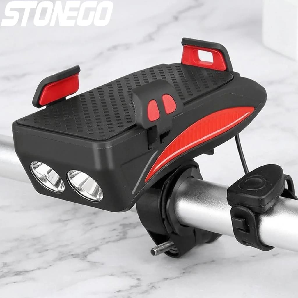 Luce per Bicicletta Ricaricabile 4in1 da 2000mAh, Faro, Clacson, Supporto per Telefono, Sicurezza Notturna, Multifunzione, Impermeabile