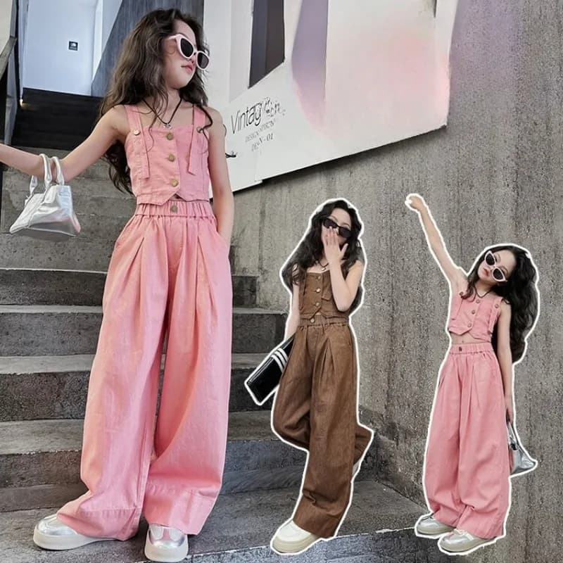 Children's Clothing Girls' Denim Suit Summer Wear Junior Girls Camisole Vest Loose Straight Leg Pants Two Piece Set 2025 New
