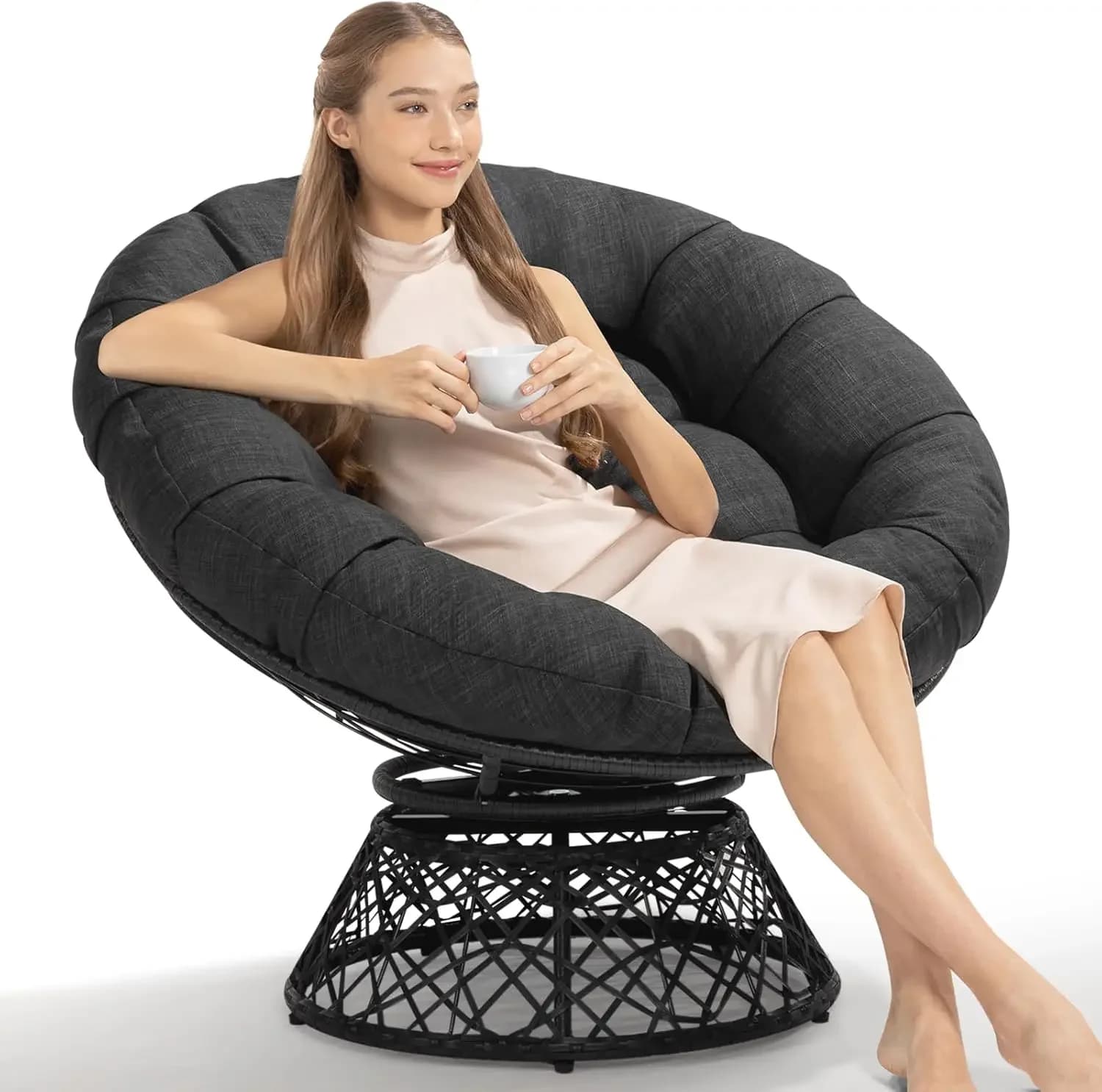 Sedia Papasan ergonomica in vimini da 40 pollici con morbido cuscino spesso e struttura, 360 ° Poltrona Girevole Circolare Comoda per Lettura e Soggiorno, B