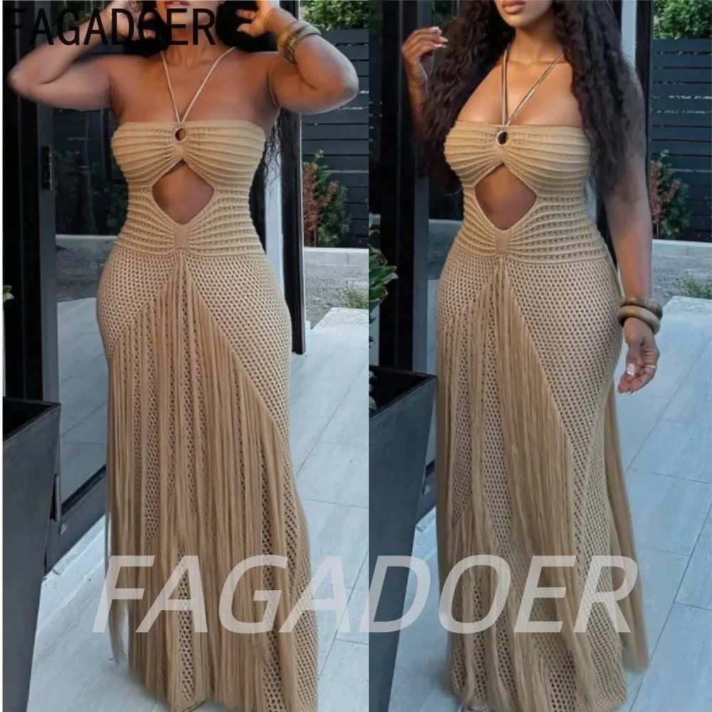 FAGADOER Abito Lungo Sexy Traforato in Maglia, Vestito Tubino Trasparente con Lacci e Frange, Abbigliamento da Spiaggia per Donne