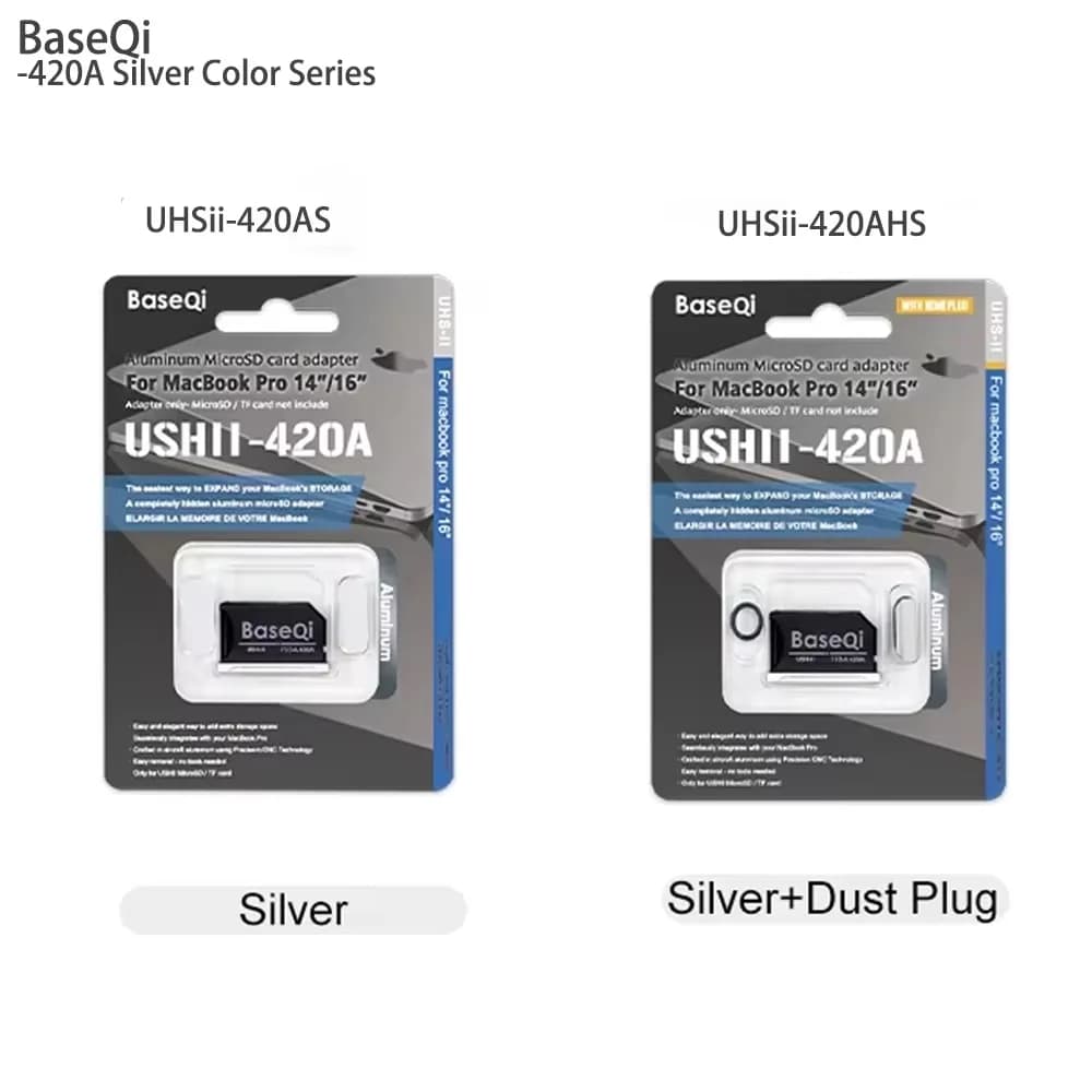 BaseQi Per MacBook Pro 14 pollici 16 pollici M1/M2/M3/M4/M5 2025 Adattatore per scheda Micro SD 420AS Lettore di schede in alluminio color argento