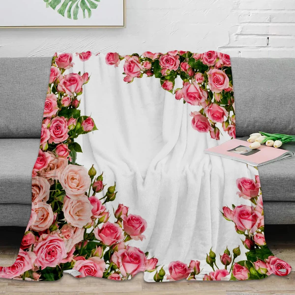 Bouquet di fiori di rosa rosa coperta bianca coperta calda portatile coperte per letti decorazioni per la casa coperta per divano