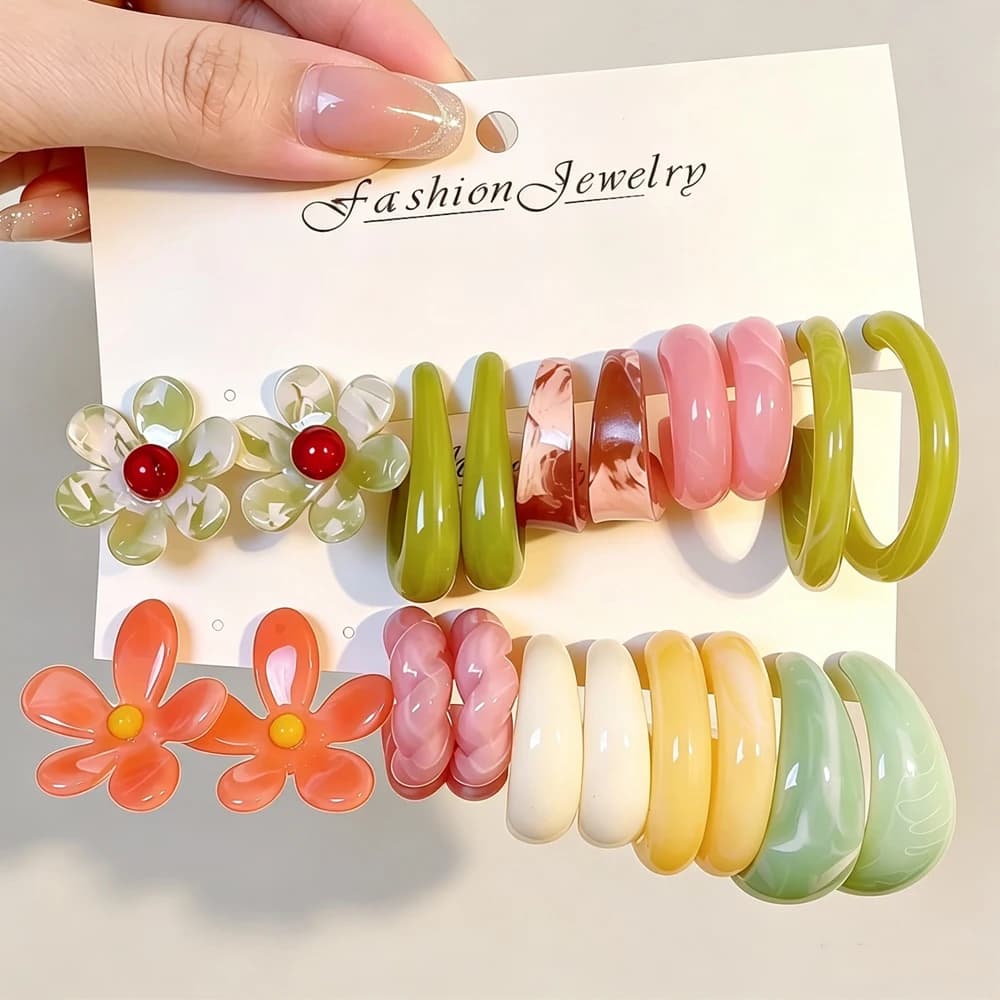 10pcs/20pcs Resin Exaggerated Earrings Set for Women Colorful Flower Stud And C-Shaped Twisted Hoops Cute Dopamine Style Jewelry