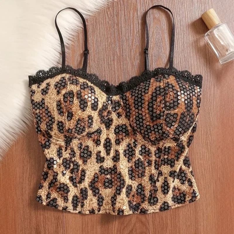 Sleeveless Leopard Sequins Crop Camisole Women’s Sexy Shiny Backless Elasticity High Street Nightclub Tank Female Bodycon Camis