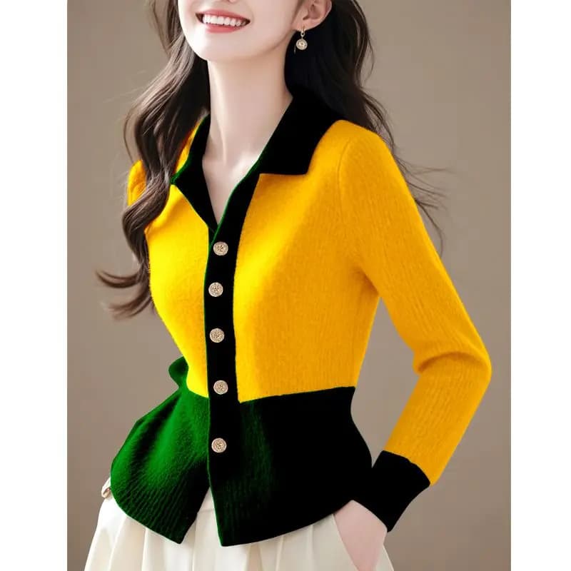 2024 Patchwork Nuovo Autunno Inverno Polo di Lavoro A Maglia Cardigan Maglione Cappotto di Modo Del Tutto-fiammifero Manica Lunga Temperamento Top Tee delle Donne