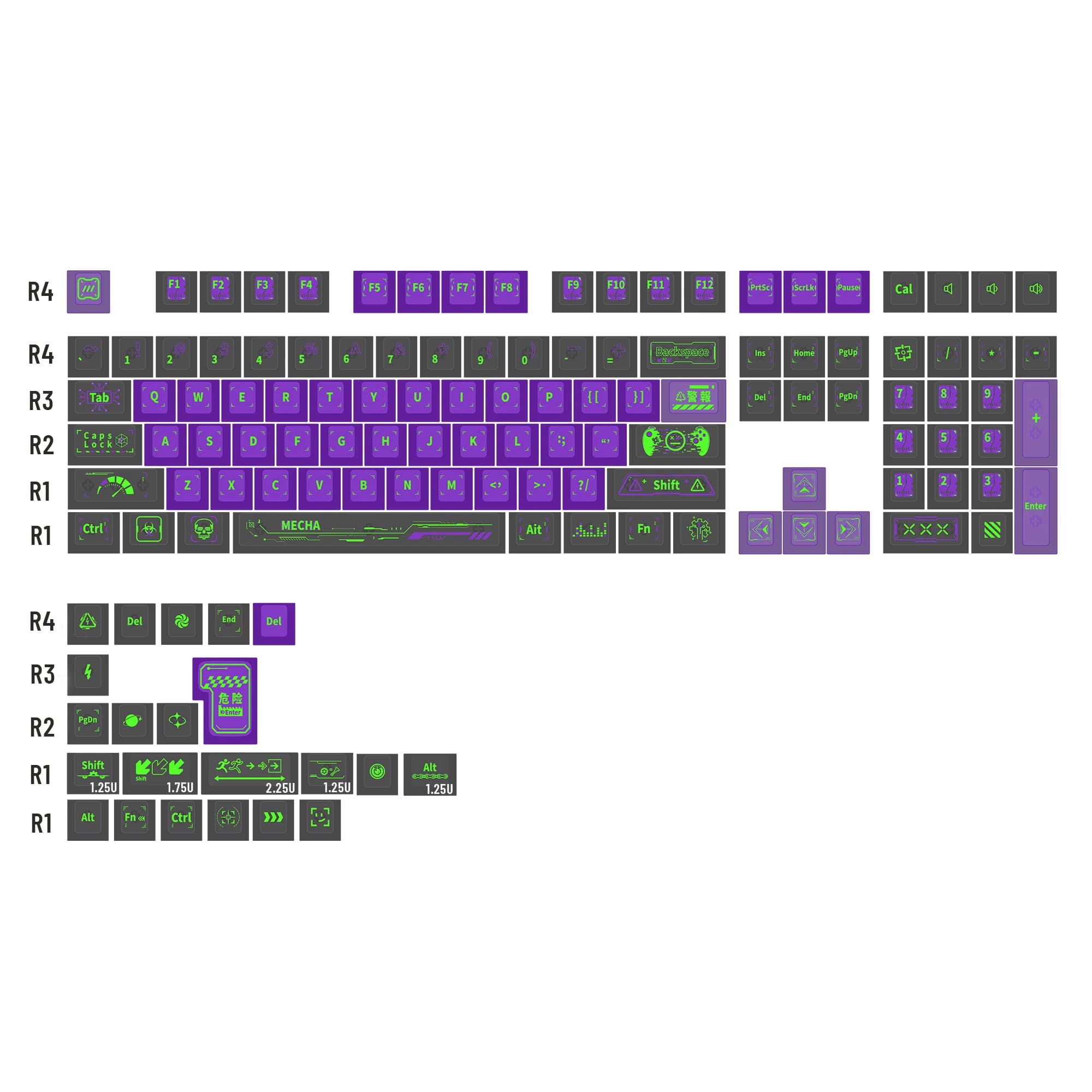 Set of Cyber Engine Black Purple Mecha 130 Keyboards, Thickness 1.6mm, PC Material, Cherry Profile for MX Mechanical Keyboard