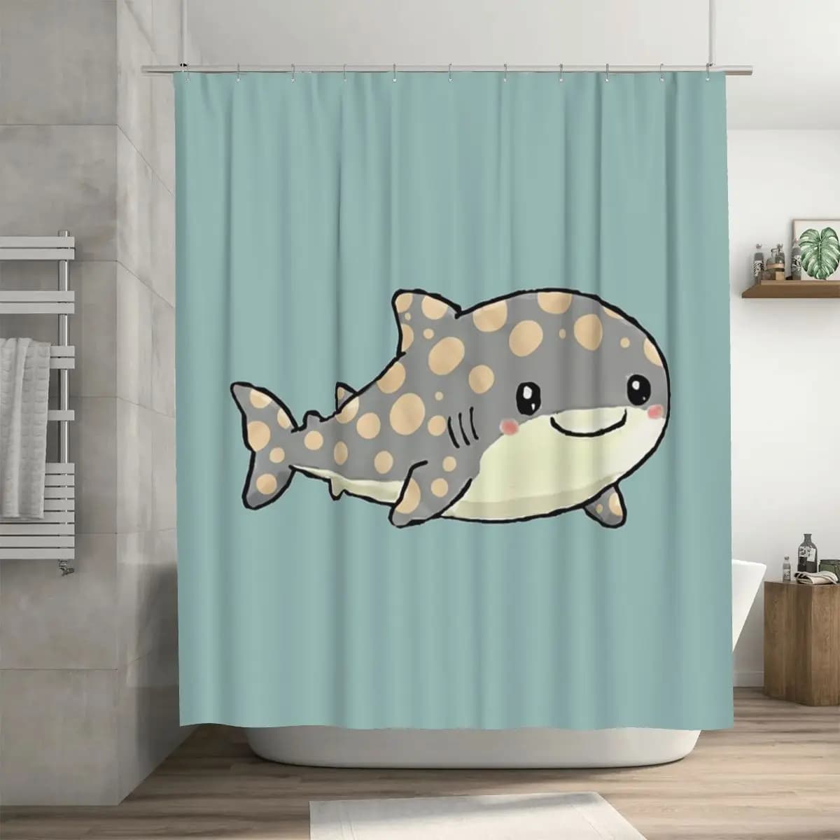 Simpatico cartone animato di un bambino squalo balena con occhi grandi, tenda da doccia in poliestere impermeabile per bagno con ganci