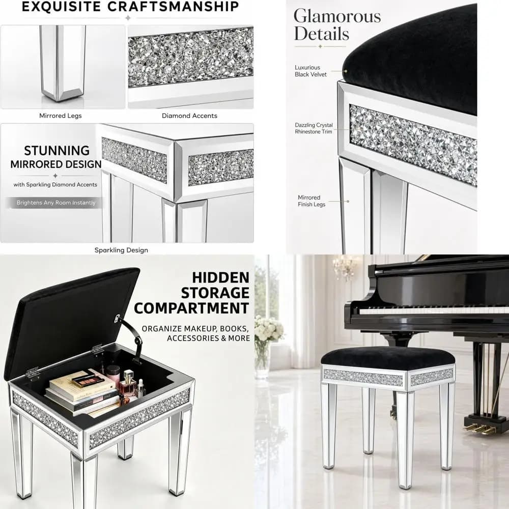 Sgabello da toeletta con contenitore e gambe a specchio, pouf imbottito in velluto, cassetto a scomparsa, finiture con strass scintillanti, sedia glamour per il trucco
