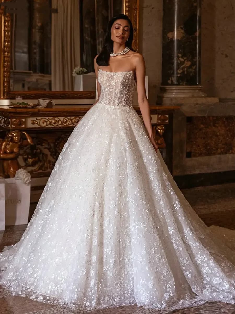 Flavinke Abiti da sposa di lusso personalizzati senza spalline con paillettes che bordano abiti da ballo senza maniche con perle di cristallo