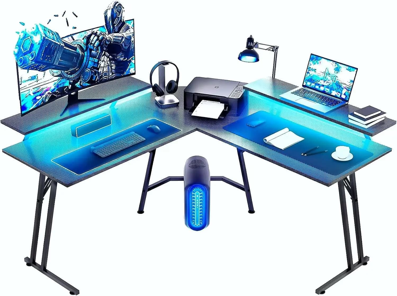 Scrivania da Gaming a L da 51 Pollici con Supporto per Monitor e Luci LED, Scrivania Angolare per Computer con Superficie in Fibra di Carbonio, PC, Personalizzabile