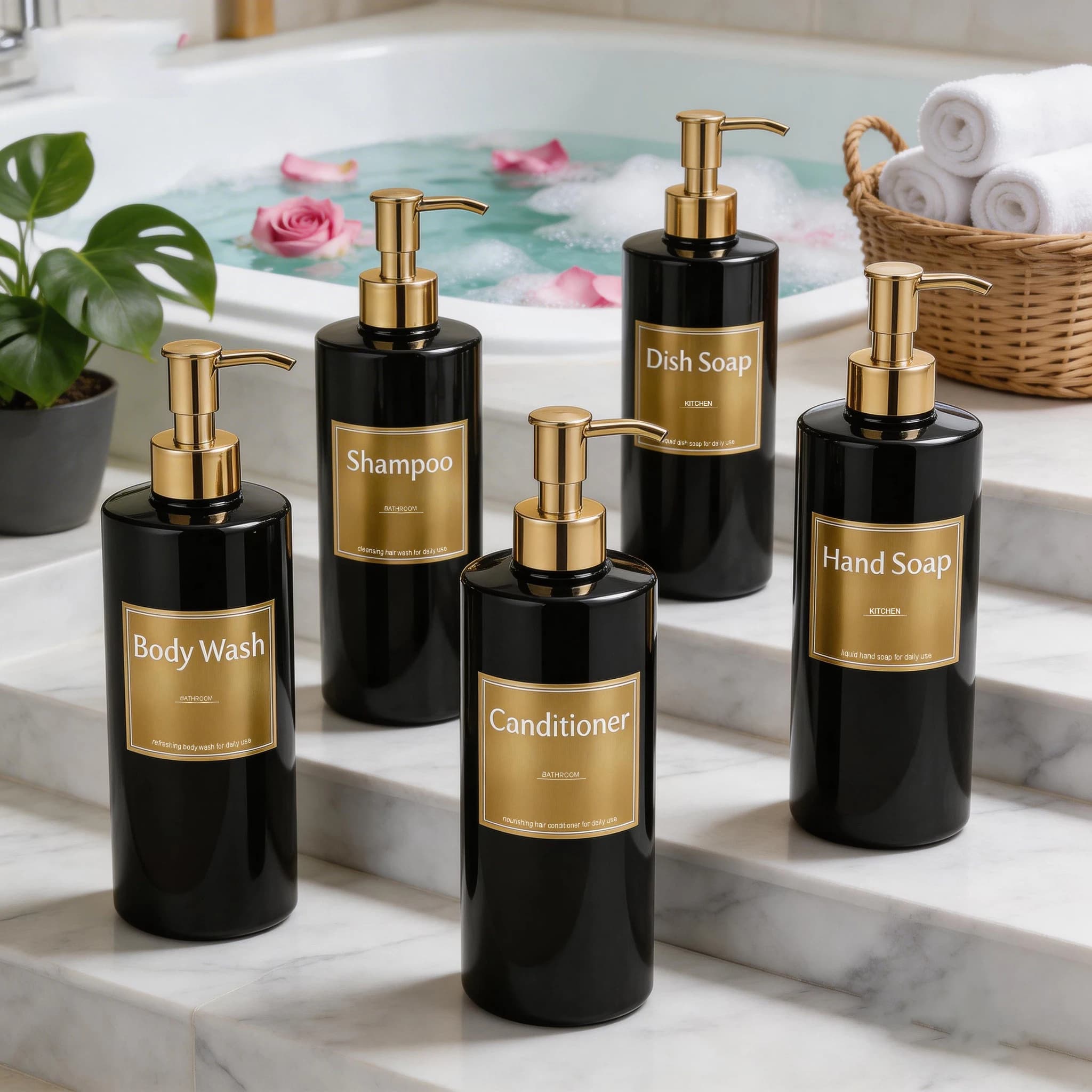 Dispenser di Sapone Ricaricabile Nero e Oro, Bottiglia Vuota per Shampoo, Balsamo, Bagnoschiuma, Sapone per Mani e Piatti per Bagno e Cucina