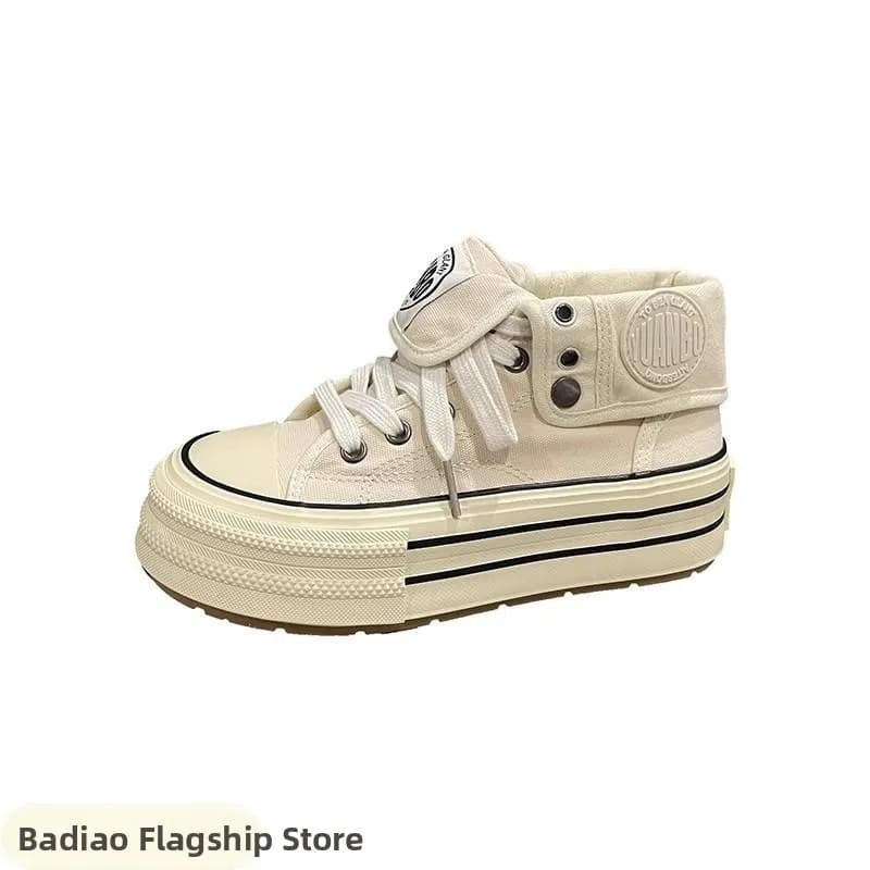 Women's High-Top Canvas Shoes Autumn 2025 New Thick Bottom Trendy Beige Versatile Board Shoes Comfortable Low Help Youth