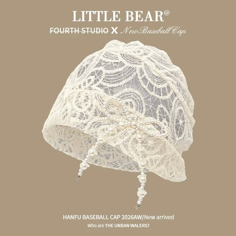Korean Ins Sweet Pearl Bow Design Lace Beanies for Women Summer Travel Photo Versatile Atmosphere Thin Breathable Pullover Hat