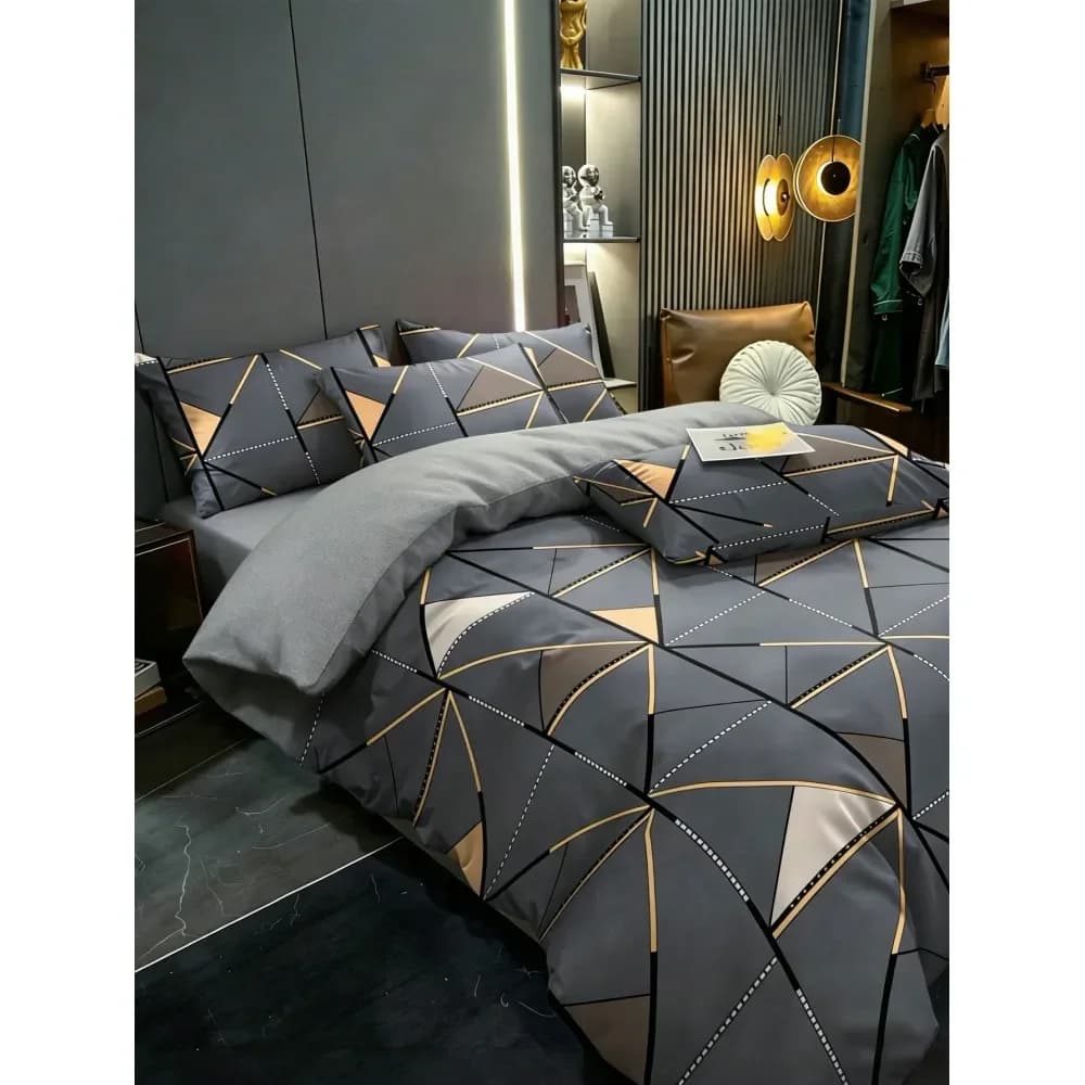 Set di Biancheria da Letto di Lusso Geometrico Triangolare 3 Pezzi, Set Copripiumino 1 Copripiumino 1-2 Federe Senza Imbottitura, Grigio Oro Moderno