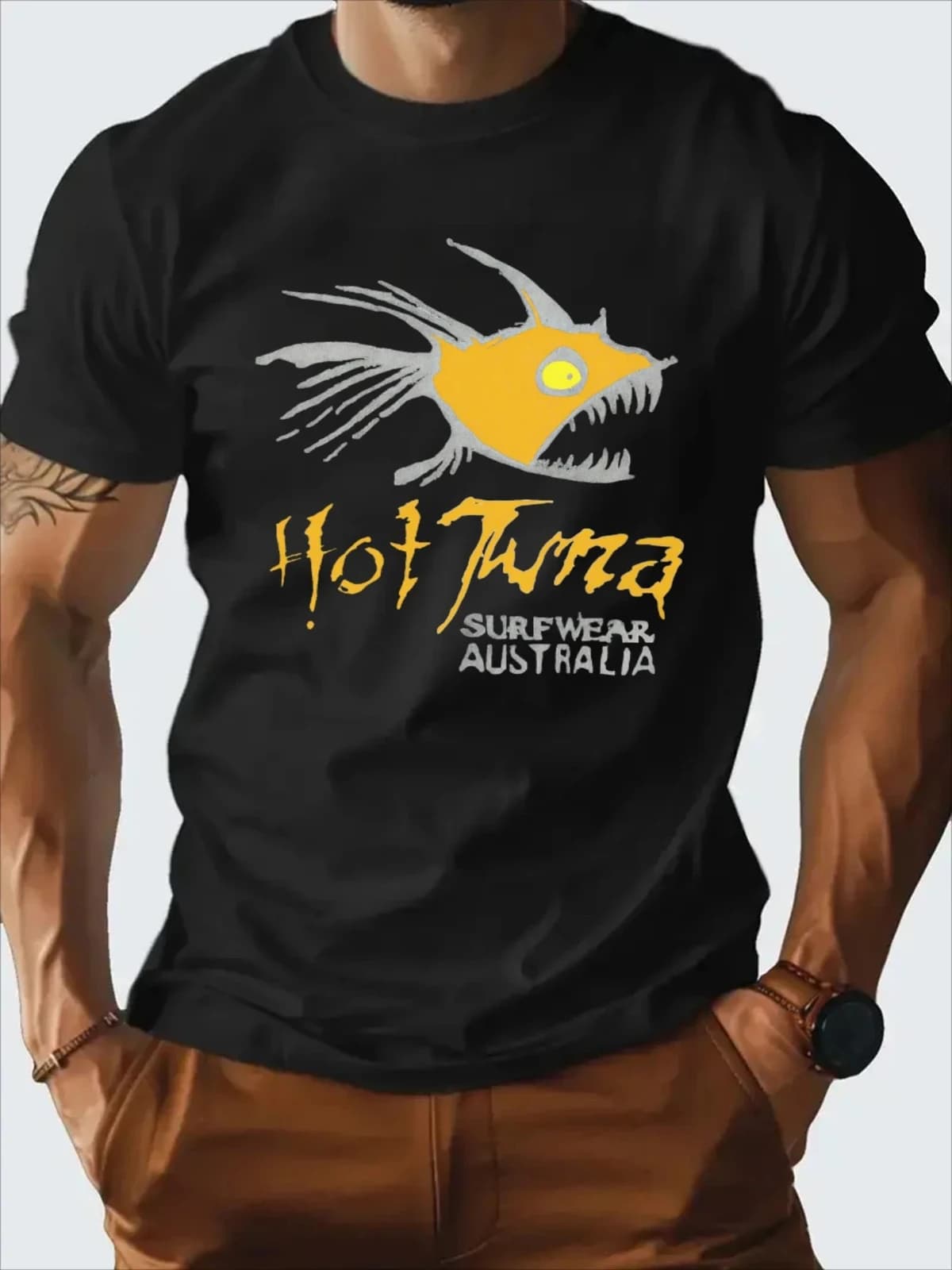 T-shirt da uomo con grafica Hot Tuna Surf - 100% cotone, maglietta estiva casual nera con